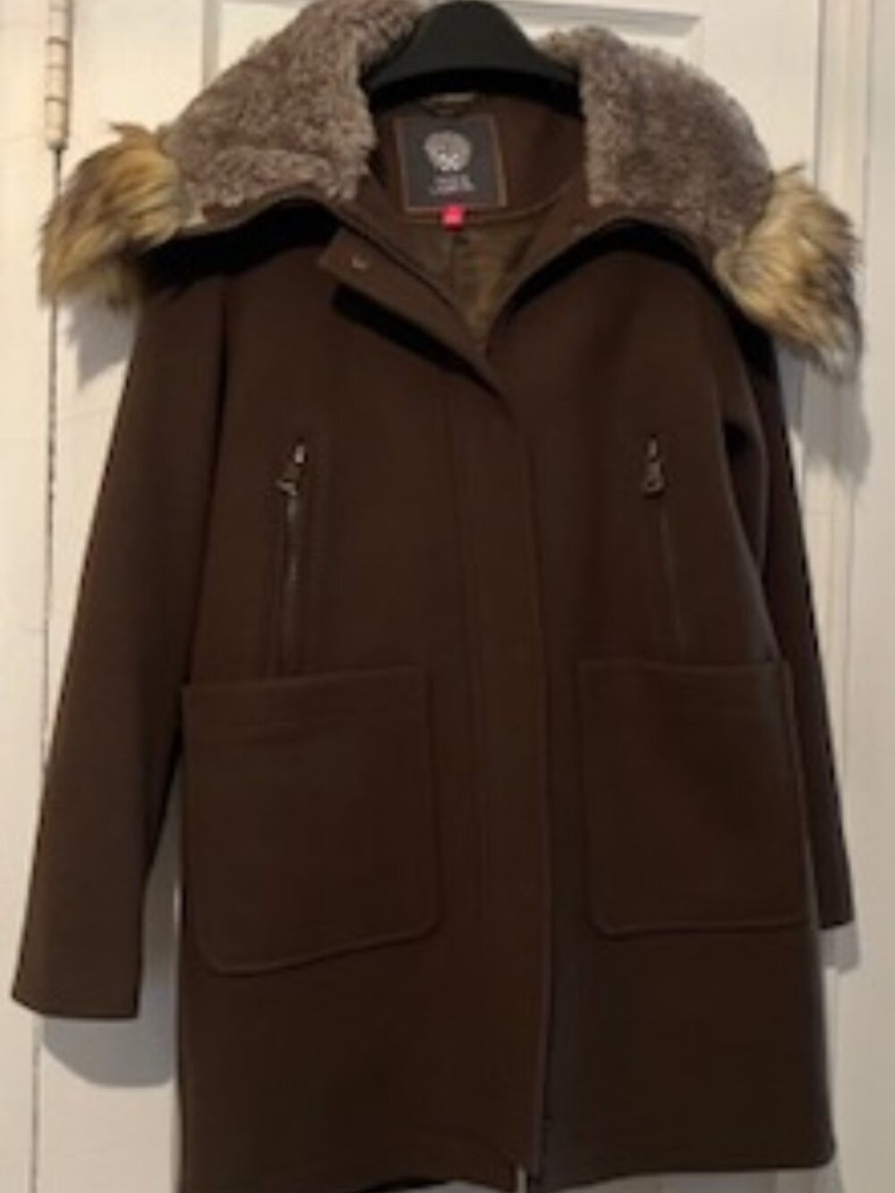 Vince Camuto wool-blend winter parka coat with distinctive faux fur hood.